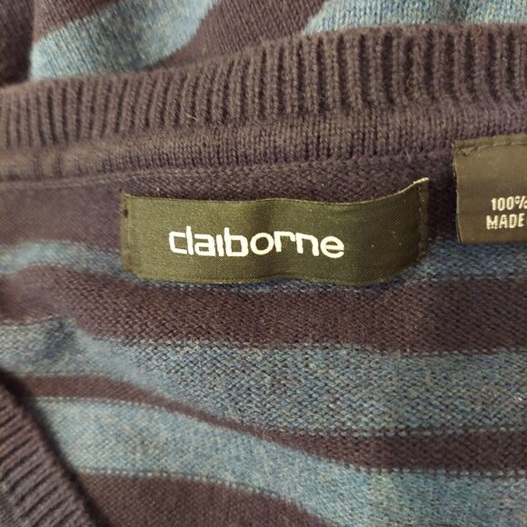 Claiborne Sweater Mens Large Blue Striped V-Neck Pullover career retro hipster - Picture 12 of 13